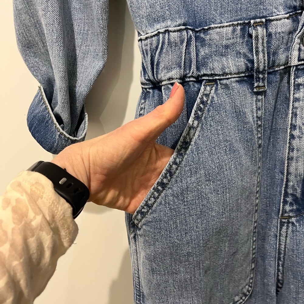 Soft Denim Jumpsuit Metal Buttons Zip Fly Elastic Waist Wide Legs Trendy Utility - Picture 10 of 10